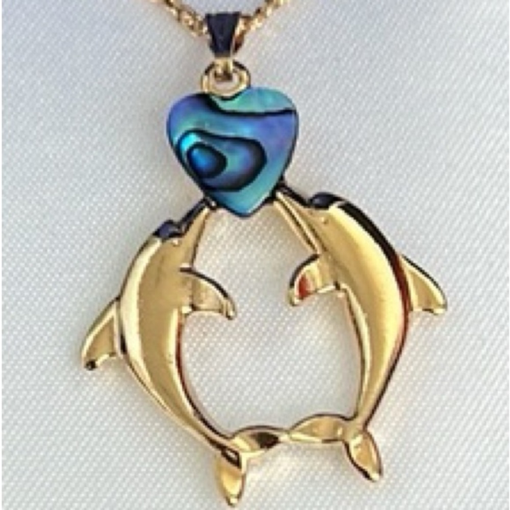 Ariki Paua Shell Dolphin Necklace 22k Gold Plated